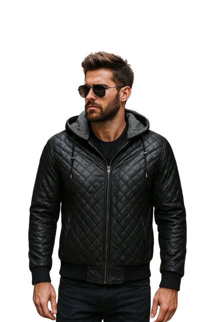 Black hooded bomber Quilted Leather Jacket