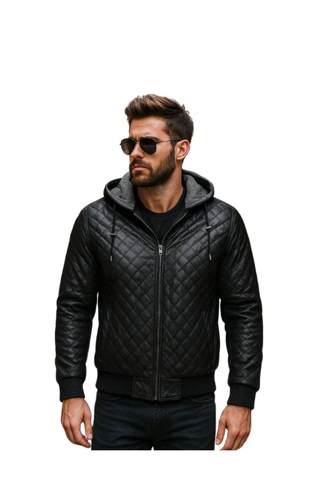 Black hooded bomber Quilted Leather Jacket