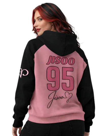Person wearing a black and pink hoodie with 'Jisoo 95' text on the back.