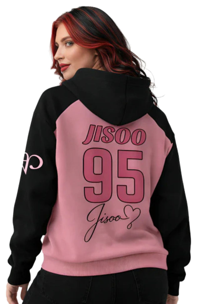 Person wearing a black and pink hoodie with 'Jisoo 95' text on the back.