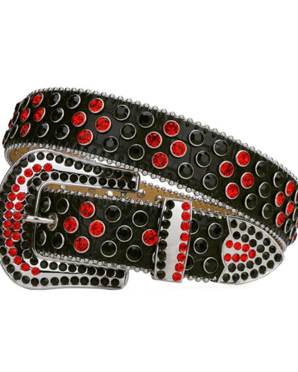 Black belt with red and clear gemstones on a white background