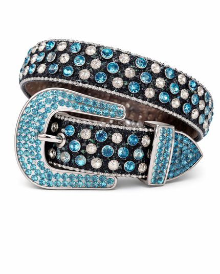 Decorative belt with blue and silver rhinestones on a white background