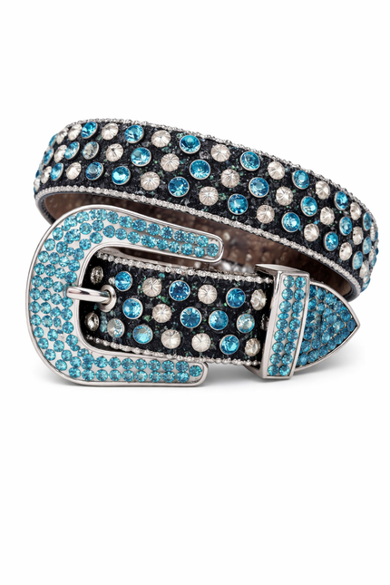 Decorative belt with blue and silver rhinestones on a white background