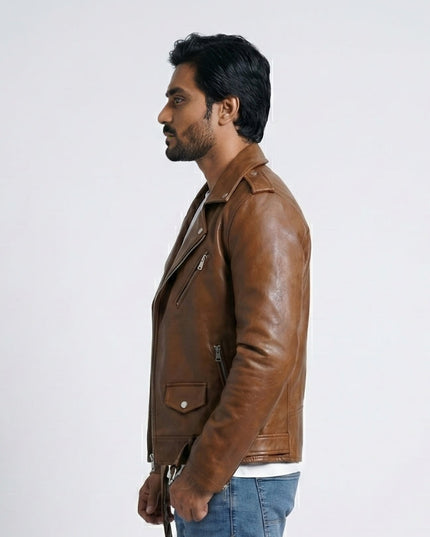 Man wearing a brown leather jacket on a white background