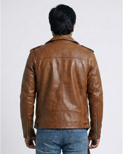 Person wearing a brown leather jacket on a white background