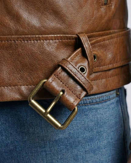 Close-up of a brown leather belt with a brass buckle on a person wearing blue jeans.