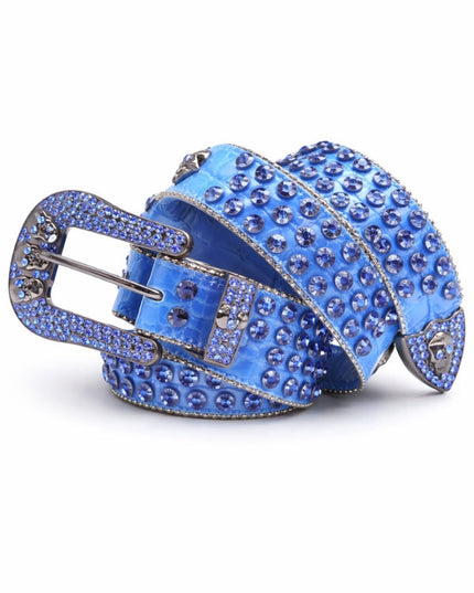 Blue studded belt with a decorative buckle on a white background
