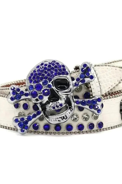 White belt with a skull design and blue gemstones on a white background