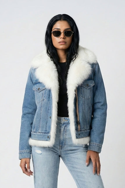 Person wearing a denim jacket with white fur trim on a light gray background