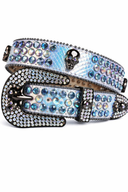 Decorative belt with rhinestones and skull design on a white background