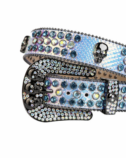 Decorative belt with rhinestones and skull design on a white background