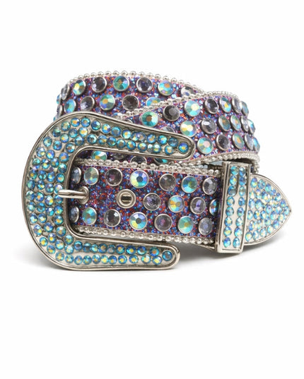 Belt with colorful rhinestone buckle on a white background