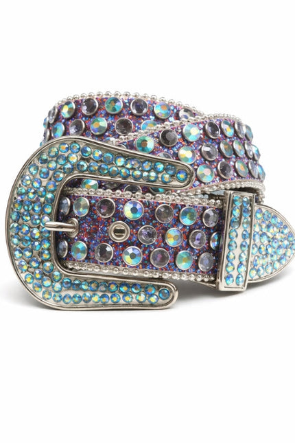 Belt with colorful rhinestone buckle on a white background