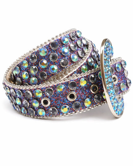 Decorative belt with colorful gemstones on a white background