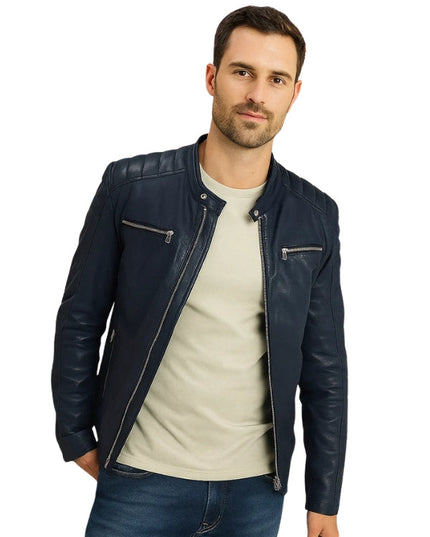 Blue Silvano Biker Leather Jacket