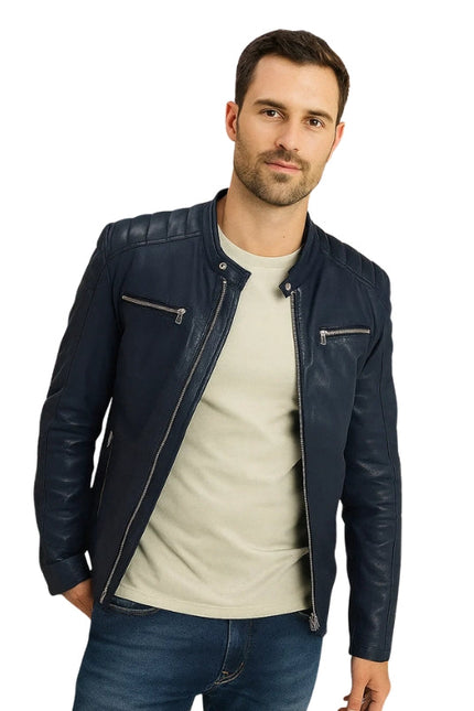 Blue Silvano Biker Leather Jacket