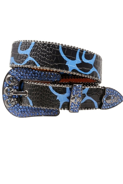 Black and blue patterned belt with studded details on a white background