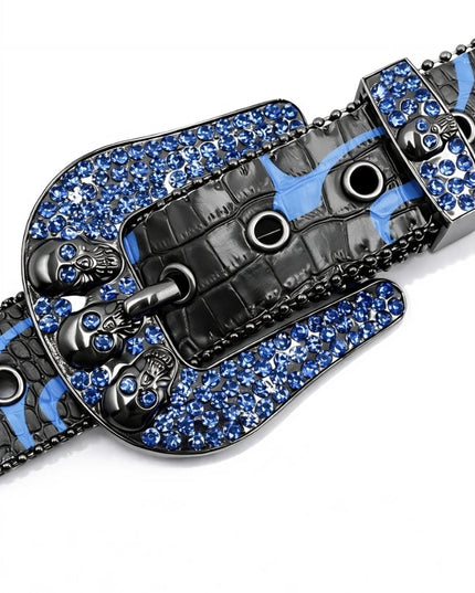 Black leather belt with blue gemstones and silver buckles on a white background