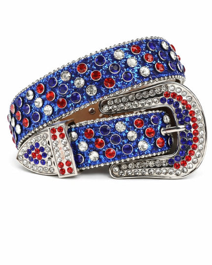 Decorative belt with red, blue, and silver accents on a white background
