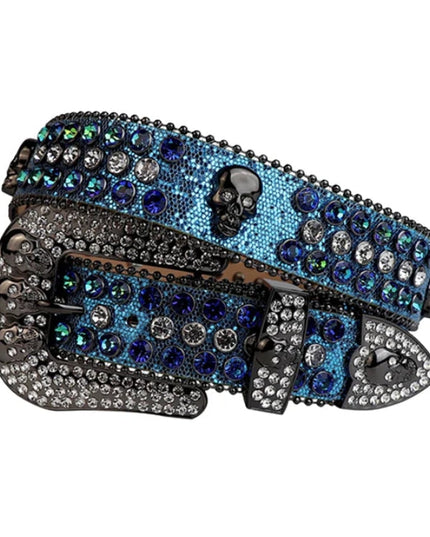 Decorative belt with blue and silver embellishments on a white background