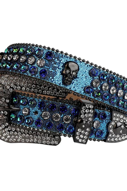 Decorative belt with blue and silver embellishments on a white background