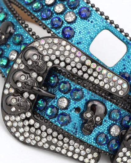 Phone case with skull design and blue gemstones on a white background