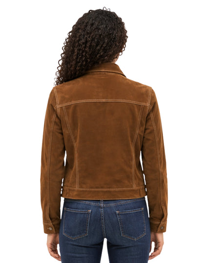 Brown leather jacket worn by a person on a white background