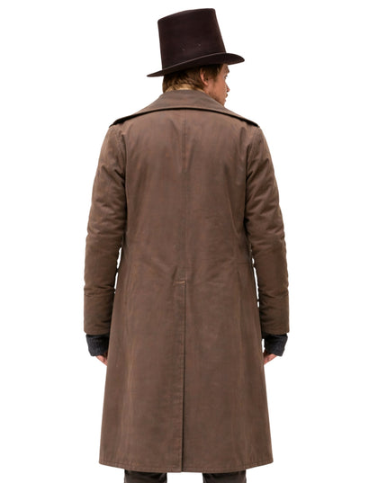 Person wearing a long brown coat and top hat on a white background
