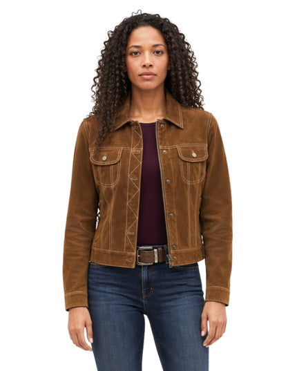 Woman wearing a brown jacket and blue jeans on a white background