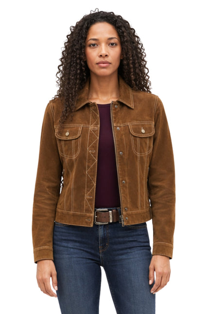 Woman wearing a brown jacket and blue jeans on a white background