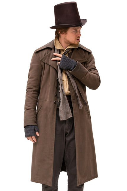 Man wearing a long brown coat and top hat on a white background
