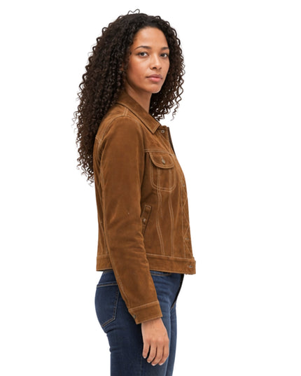 Woman wearing a brown jacket and blue jeans on a white background