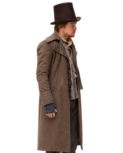 Person wearing a long brown coat and top hat on a white background