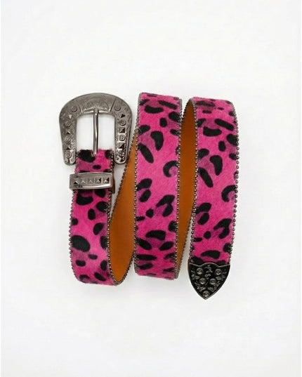 Pink leopard print belt with silver buckle on a white background