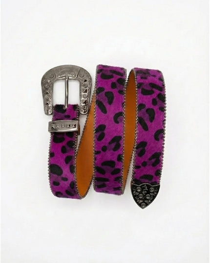 Purple leopard print belt with silver buckle on a white background