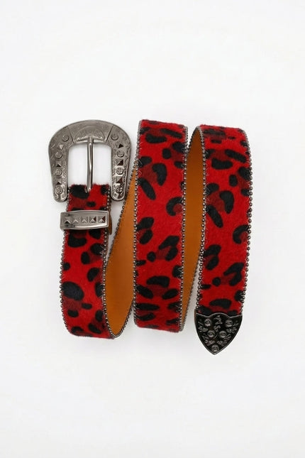 Red leopard print belt with silver buckle on a white background