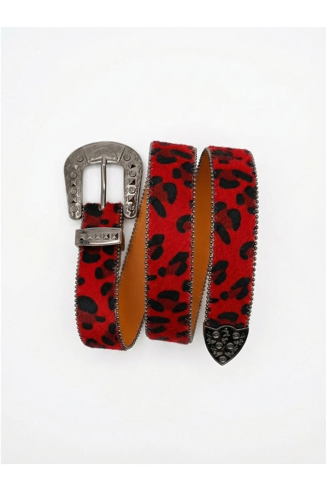 Red leopard print belt with silver buckle on a white background