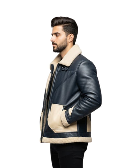 Man wearing a black leather jacket with beige shearling lining on a white background
