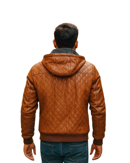 Bomber Style Quilted Leather Jacket Tan Brown