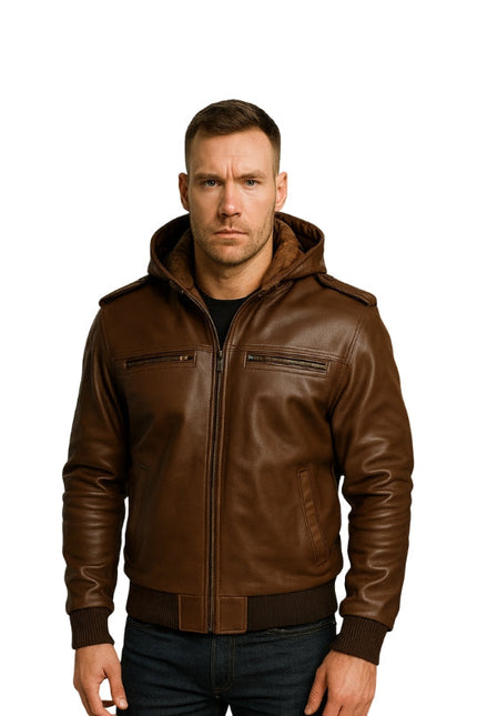 Bouncer Biz Brown Leather Bomber Jacket