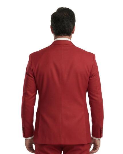 Red suit jacket worn by a person on a white background