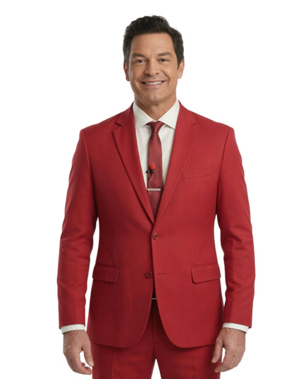 Man wearing a red suit with a white shirt and red tie on a white background