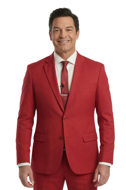 Man wearing a red suit with a white shirt and red tie on a white background