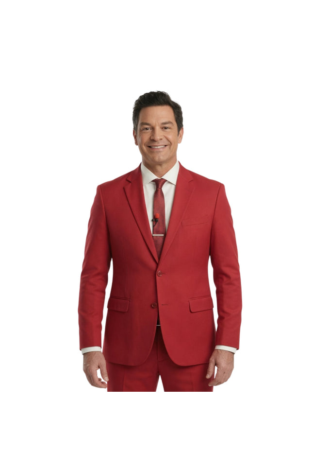 Man wearing a red suit with a white shirt and red tie on a white background