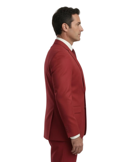 Man wearing a red suit on a white background