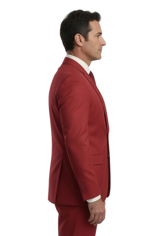 Man wearing a red suit on a white background