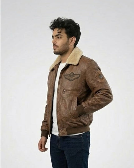 Man wearing a brown leather jacket with a white background