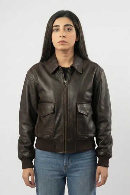 brown bomber jacket for women with classic vintage oversized style