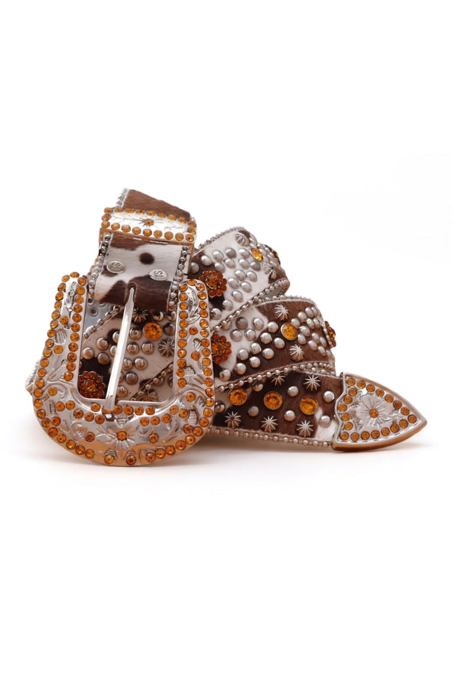 Decorative belt with brown and white pattern and orange rhinestones on a white background