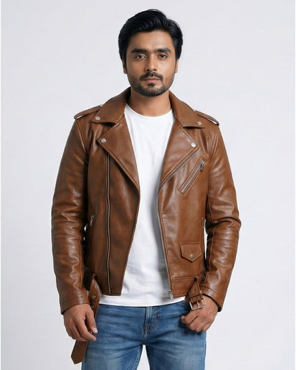 Man wearing a brown leather jacket over a white shirt with a plain background